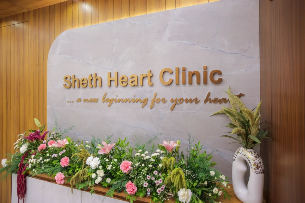Entrance reception area of Sheth Heart Clinic, a modern cardiology clinic in Bopal, Ahmedabad